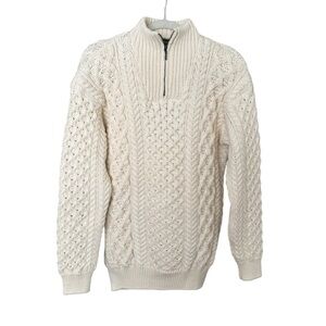 IRELANDS EYE Virgin Wool Quarter Zip Aran Fisherman Sweater Cable Knit Natural